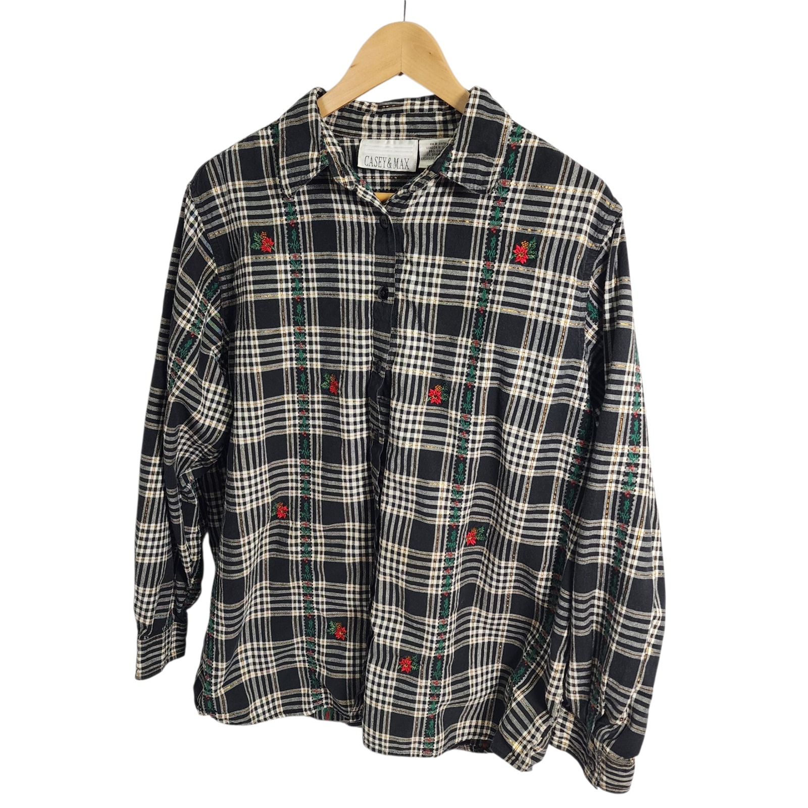 Casey & Max Women Plaid Button Shirt Embroidered Floral Poinsettia Christmas Xl